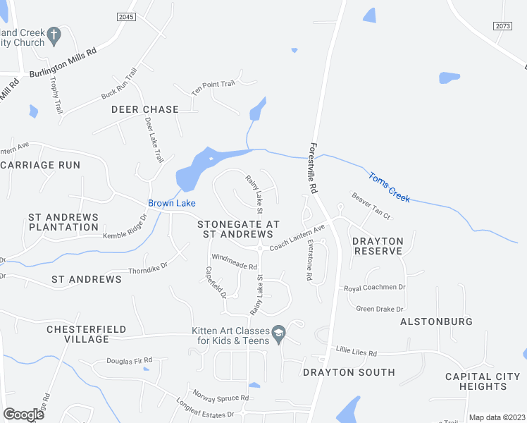 map of restaurants, bars, coffee shops, grocery stores, and more near 2217 Rainy Lake Street in Wake Forest