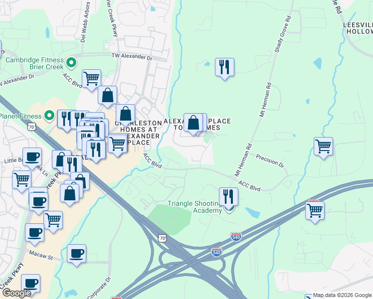 map of restaurants, bars, coffee shops, grocery stores, and more near 7677 Winners Edge Street in Raleigh