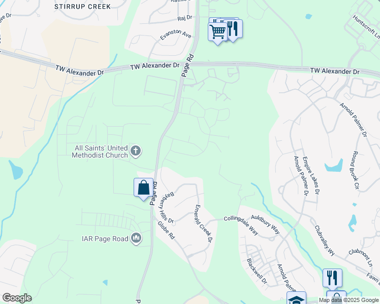 map of restaurants, bars, coffee shops, grocery stores, and more near 2751 Page Road in Morrisville