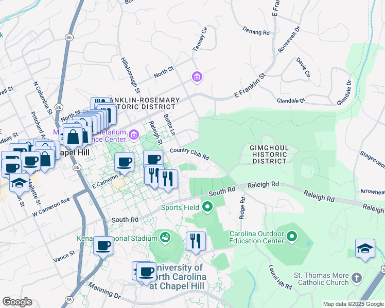 map of restaurants, bars, coffee shops, grocery stores, and more near 152 Country Club Road in Chapel Hill