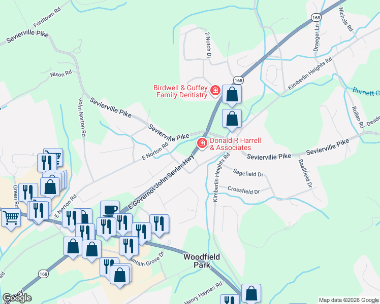 map of restaurants, bars, coffee shops, grocery stores, and more near 411 Tennessee 168 in Knoxville