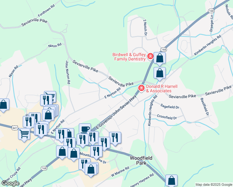 map of restaurants, bars, coffee shops, grocery stores, and more near 440 East Norton Road in Knoxville