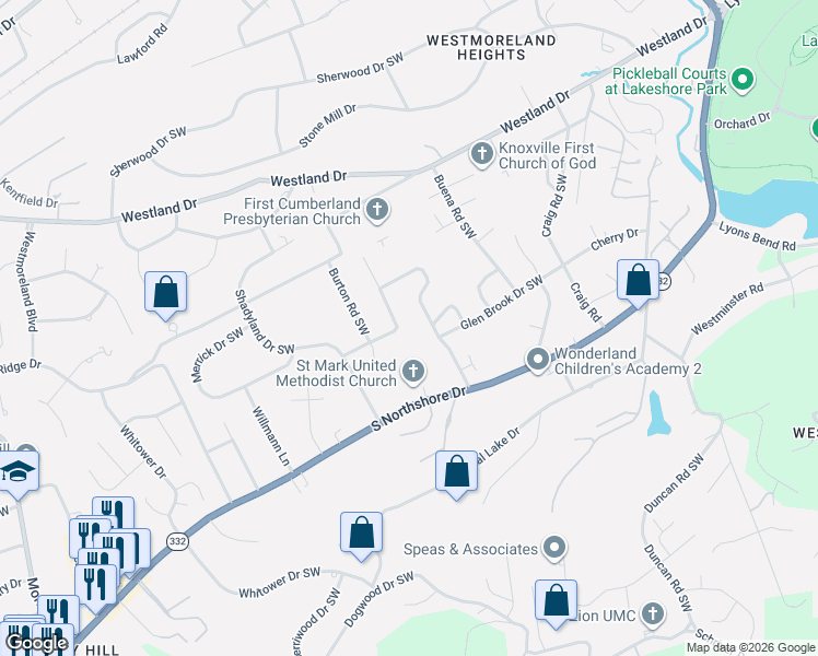 map of restaurants, bars, coffee shops, grocery stores, and more near 1301 Forest Brook Road in Knoxville