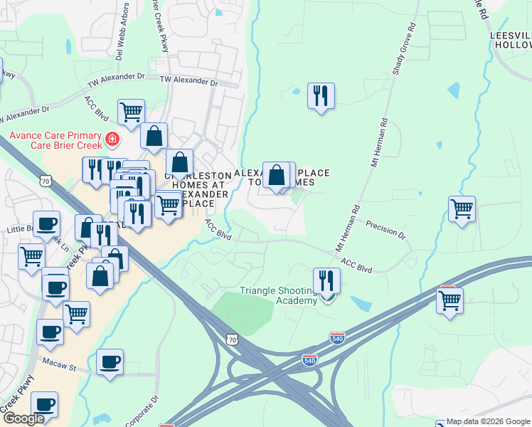 map of restaurants, bars, coffee shops, grocery stores, and more near 7677 Winners Edge Street in Raleigh