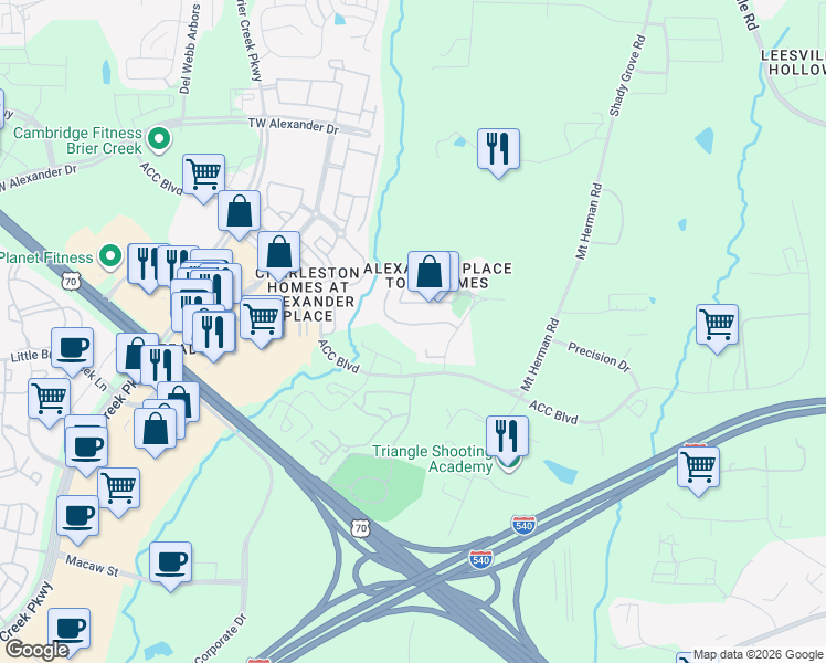 map of restaurants, bars, coffee shops, grocery stores, and more near 7677 Winners Edge Street in Raleigh