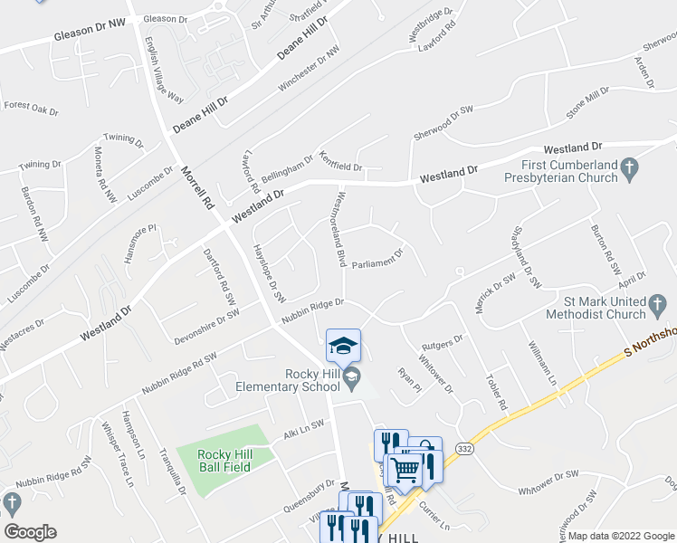 map of restaurants, bars, coffee shops, grocery stores, and more near 1001 Westmoreland Boulevard in Knoxville
