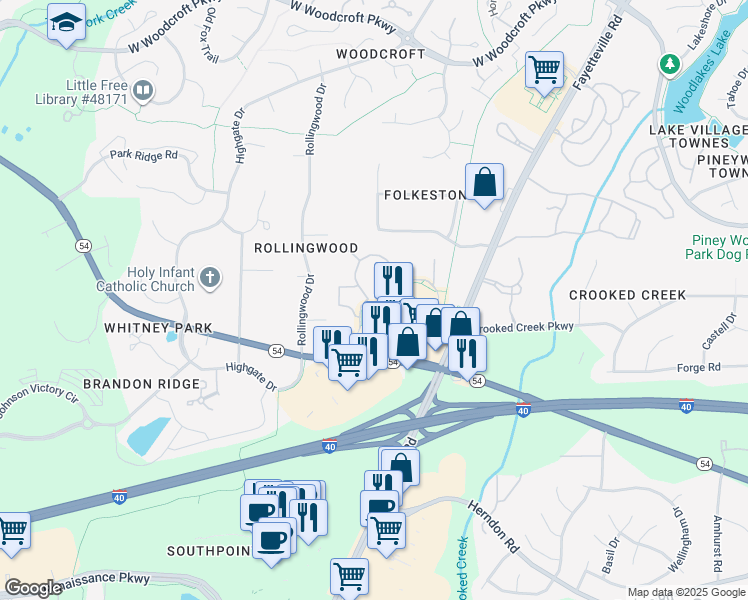 map of restaurants, bars, coffee shops, grocery stores, and more near 1711 Southpoint Crossing Drive in Durham