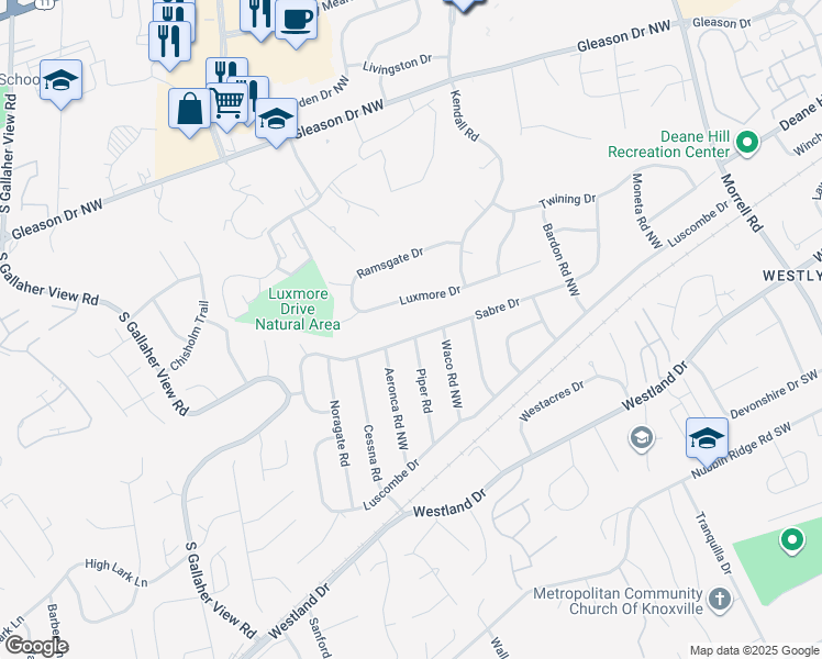 map of restaurants, bars, coffee shops, grocery stores, and more near 8013 Sabre Drive in Knoxville