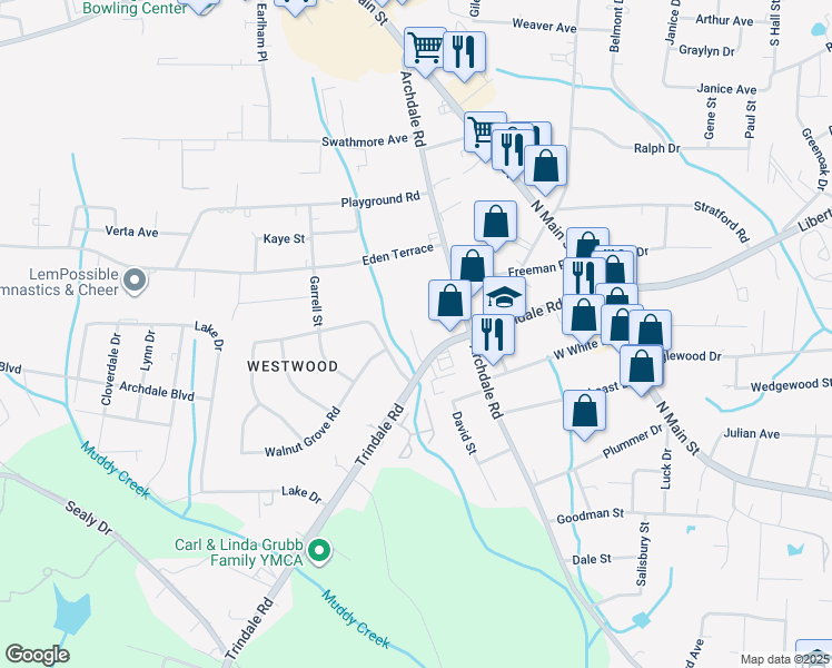 map of restaurants, bars, coffee shops, grocery stores, and more near 338 Wynnewood Drive in Archdale
