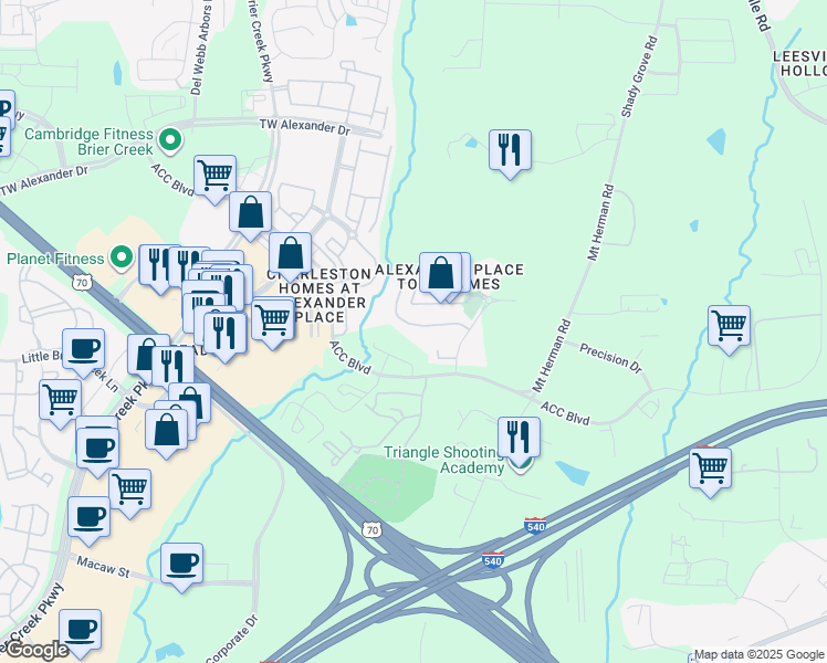 map of restaurants, bars, coffee shops, grocery stores, and more near 7677 Winners Edge Street in Raleigh