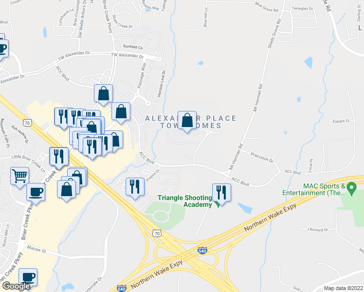 map of restaurants, bars, coffee shops, grocery stores, and more near 7655 Winners Edge Street in Raleigh