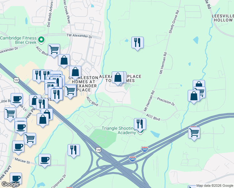 map of restaurants, bars, coffee shops, grocery stores, and more near 7629 Winners Edge Street in Raleigh