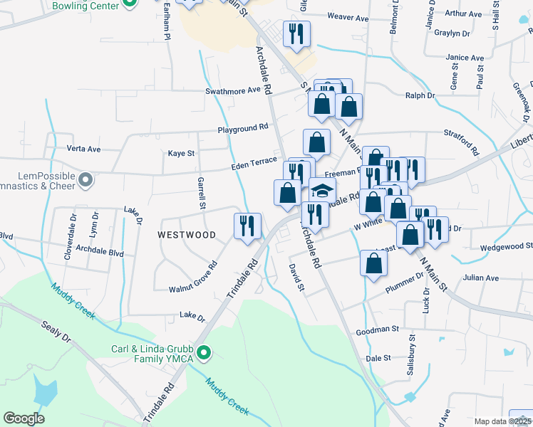 map of restaurants, bars, coffee shops, grocery stores, and more near 338 Wynnewood Drive in Archdale