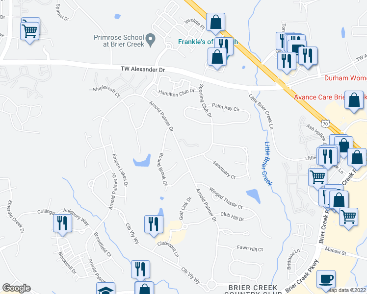 map of restaurants, bars, coffee shops, grocery stores, and more near 10130 Mizner Lane in Raleigh
