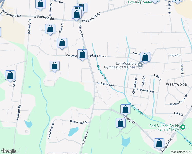 map of restaurants, bars, coffee shops, grocery stores, and more near 2409 Surrett Drive in Archdale