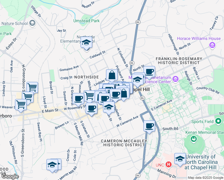 map of restaurants, bars, coffee shops, grocery stores, and more near 211 Church Street in Chapel Hill