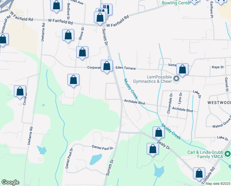 map of restaurants, bars, coffee shops, grocery stores, and more near 2410 Surrett Drive in Archdale
