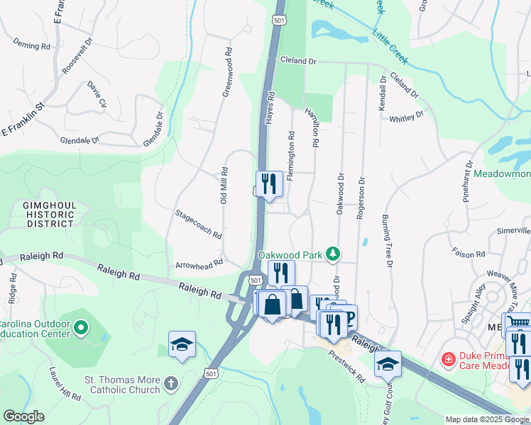 map of restaurants, bars, coffee shops, grocery stores, and more near Lanark Road in Chapel Hill