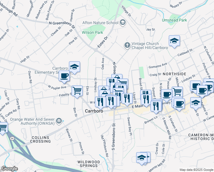 map of restaurants, bars, coffee shops, grocery stores, and more near 301 Oak Avenue in Carrboro