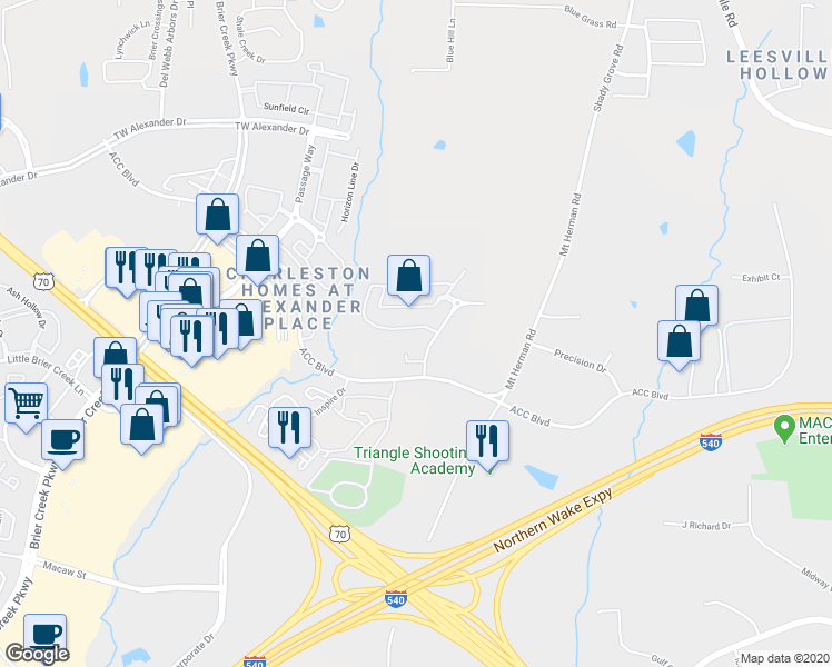 map of restaurants, bars, coffee shops, grocery stores, and more near 7629 Winners Edge Street in Raleigh
