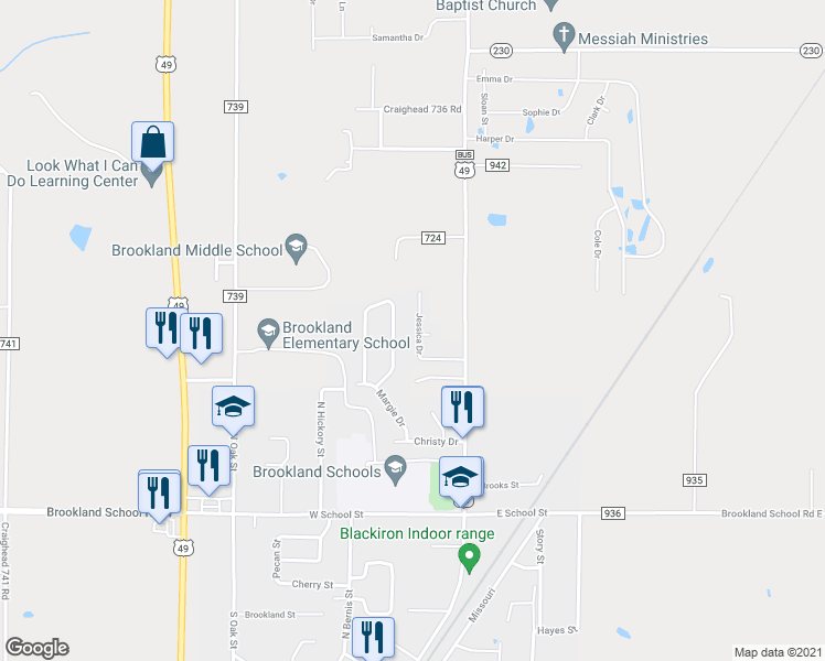 map of restaurants, bars, coffee shops, grocery stores, and more near 121 Jessica Drive in Brookland