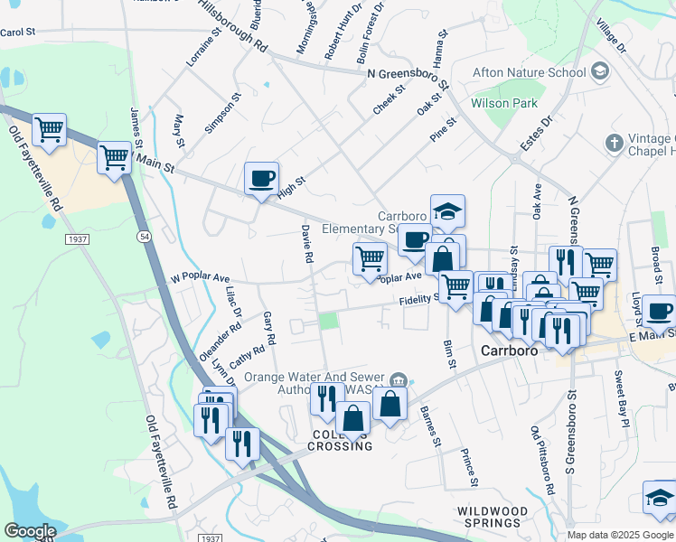 map of restaurants, bars, coffee shops, grocery stores, and more near 104 Laughing Bird Lane in Carrboro
