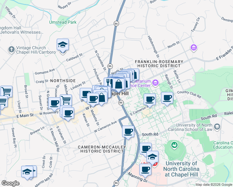 map of restaurants, bars, coffee shops, grocery stores, and more near in Chapel Hill