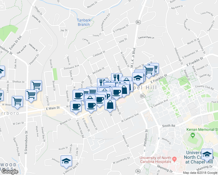 map of restaurants, bars, coffee shops, grocery stores, and more near 70 Andrews Lane in Chapel Hill
