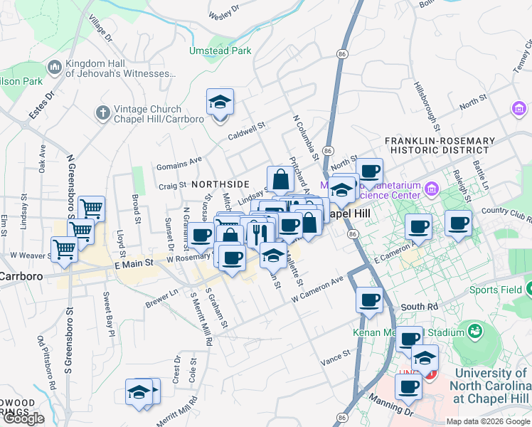 map of restaurants, bars, coffee shops, grocery stores, and more near 70 Andrews Lane in Chapel Hill