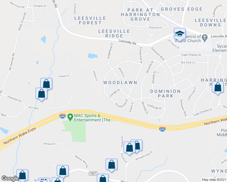 map of restaurants, bars, coffee shops, grocery stores, and more near 9313 Cutright Drive in Raleigh