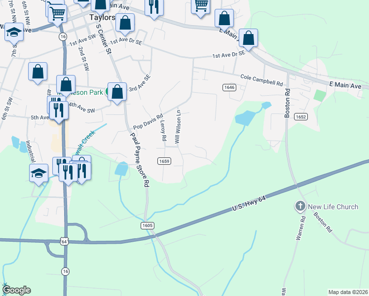 map of restaurants, bars, coffee shops, grocery stores, and more near 44 Leroy Road in Township of Taylorsville
