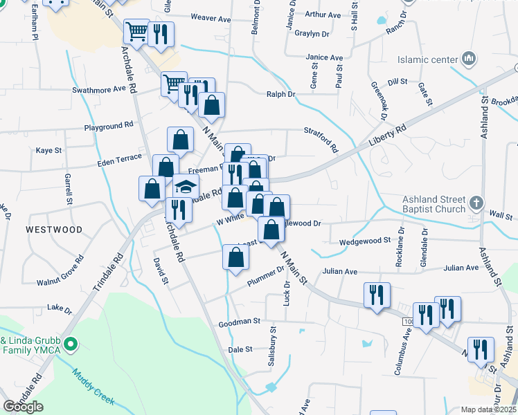 map of restaurants, bars, coffee shops, grocery stores, and more near 11206 N Main St in Archdale