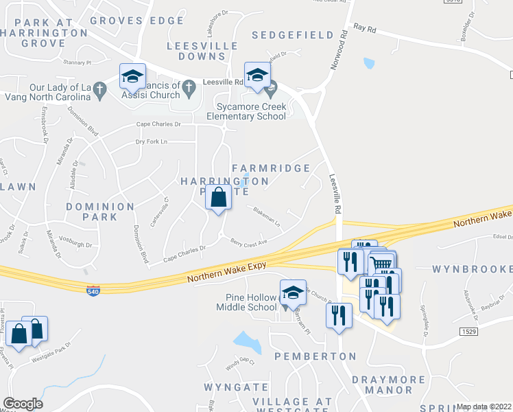 map of restaurants, bars, coffee shops, grocery stores, and more near 6144 Blakeman Lane in Raleigh