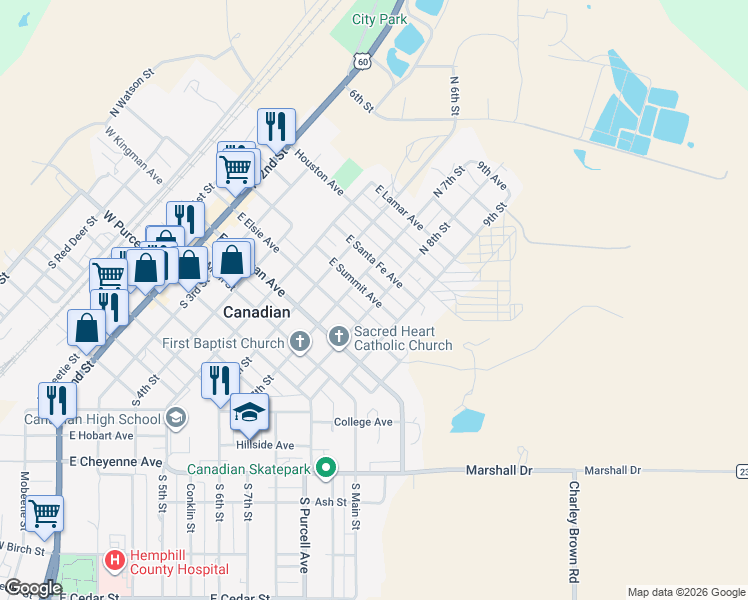 map of restaurants, bars, coffee shops, grocery stores, and more near North 8th Street in Canadian