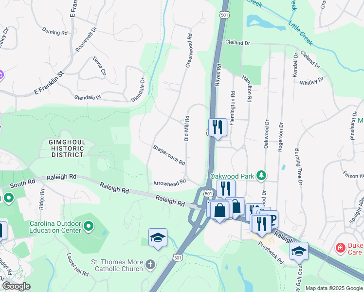 map of restaurants, bars, coffee shops, grocery stores, and more near 806 Old Mill Road in Chapel Hill