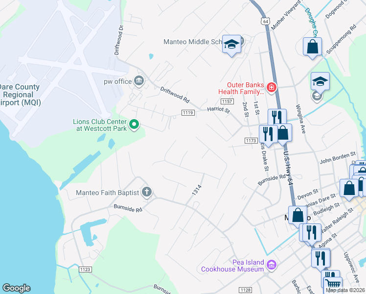 map of restaurants, bars, coffee shops, grocery stores, and more near 117 Holly Court in Manteo