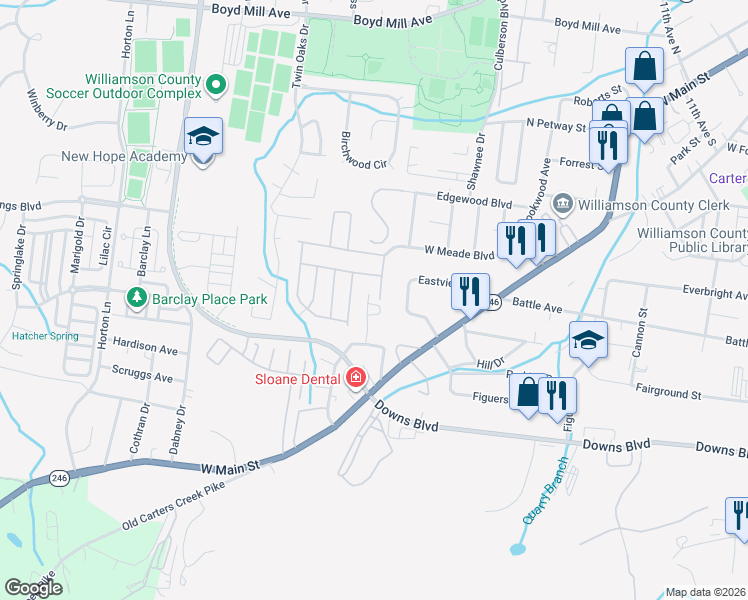 map of restaurants, bars, coffee shops, grocery stores, and more near 226 Helping Hands Drive in Franklin