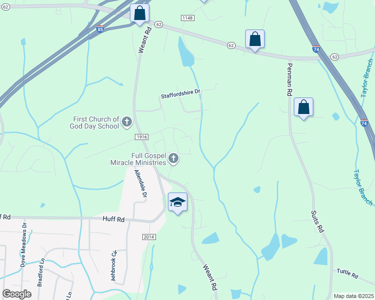 map of restaurants, bars, coffee shops, grocery stores, and more near 103 Hanner Court in Archdale