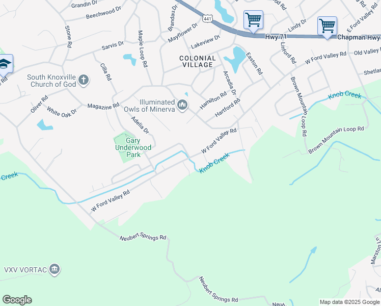 map of restaurants, bars, coffee shops, grocery stores, and more near 601 Southbrook Drive in Knoxville