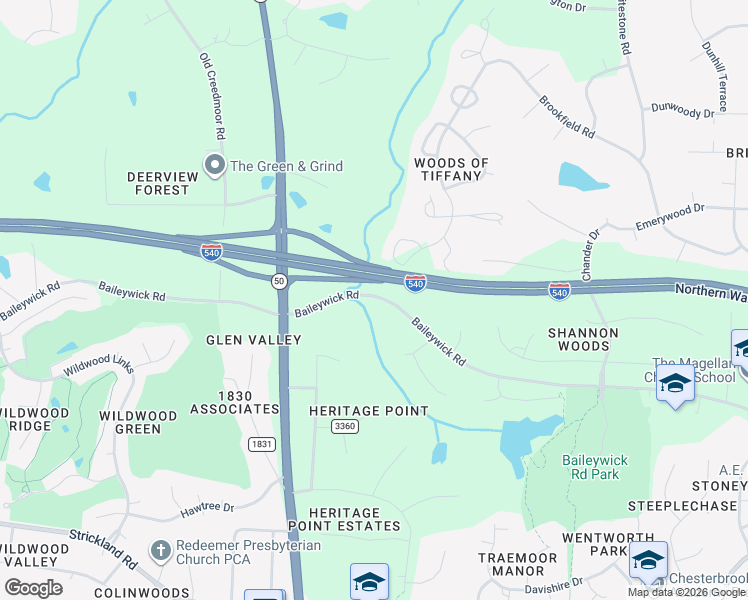 map of restaurants, bars, coffee shops, grocery stores, and more near 9717 Baileywick Road in Raleigh