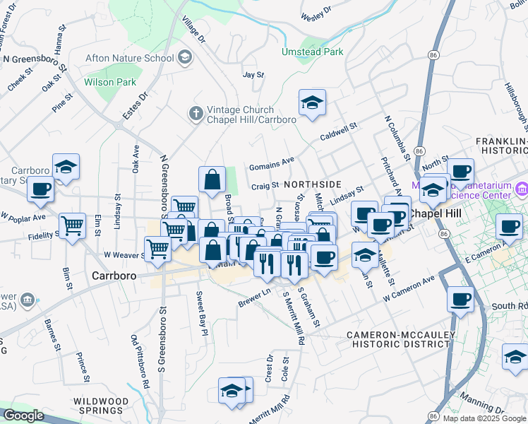 map of restaurants, bars, coffee shops, grocery stores, and more near 311 Sunset Drive in Chapel Hill