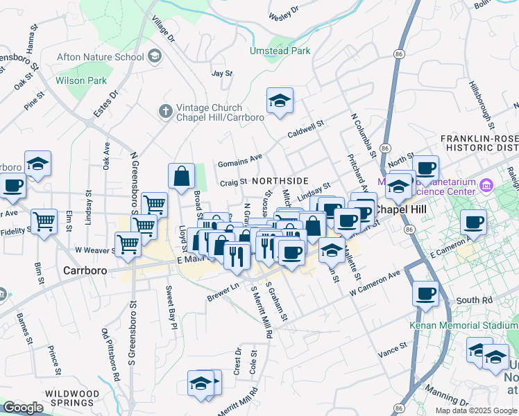 map of restaurants, bars, coffee shops, grocery stores, and more near 223 North Roberson Street in Chapel Hill