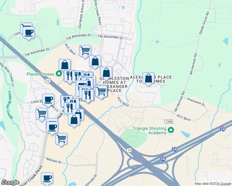 map of restaurants, bars, coffee shops, grocery stores, and more near 7707 ACC Boulevard in Raleigh
