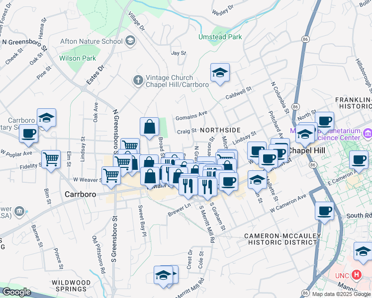 map of restaurants, bars, coffee shops, grocery stores, and more near 311 Sunset Drive in Chapel Hill
