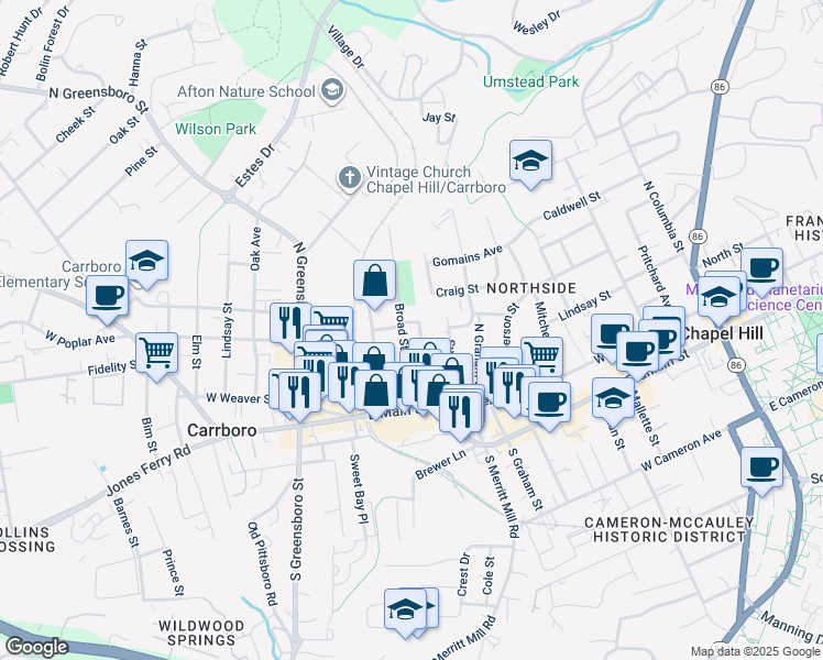 map of restaurants, bars, coffee shops, grocery stores, and more near 218 Broad Street in Carrboro