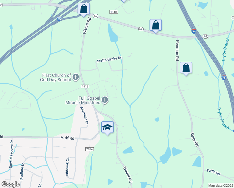 map of restaurants, bars, coffee shops, grocery stores, and more near 106 Hanner Court in Archdale