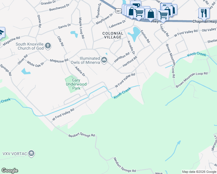 map of restaurants, bars, coffee shops, grocery stores, and more near 601 Southbrook Drive in Knoxville