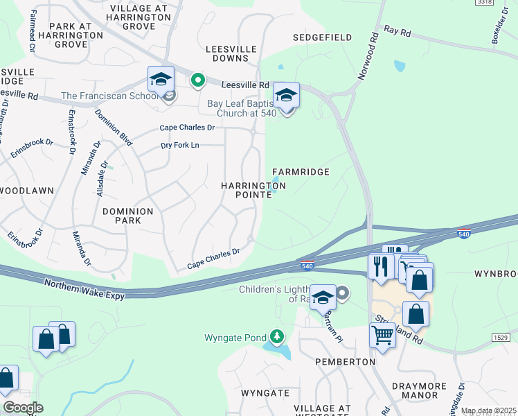 map of restaurants, bars, coffee shops, grocery stores, and more near 7728 Cape Charles Drive in Raleigh