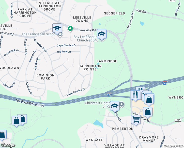 map of restaurants, bars, coffee shops, grocery stores, and more near 7728 Cape Charles Drive in Raleigh
