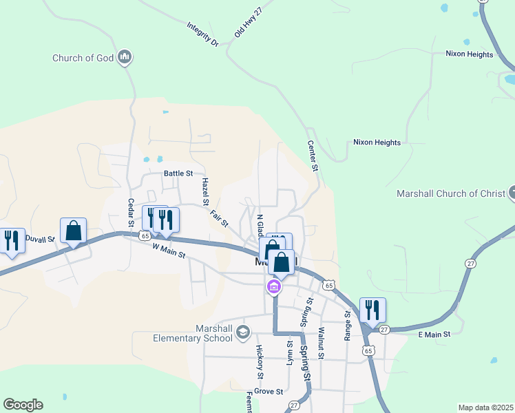 map of restaurants, bars, coffee shops, grocery stores, and more near Short Street in Marshall